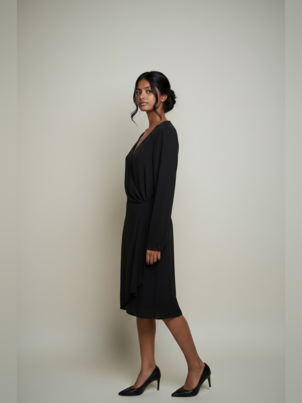 Babaton Black Wrap Dress Long Sleeve Minimalist Chic Size M